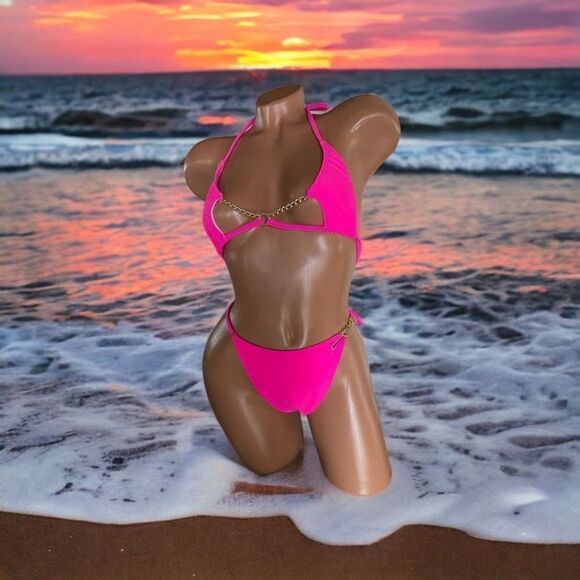 Gold Accented Hot Pink l String Triangle l Bikini l Thong l M/L l New - Picture 9 of 9